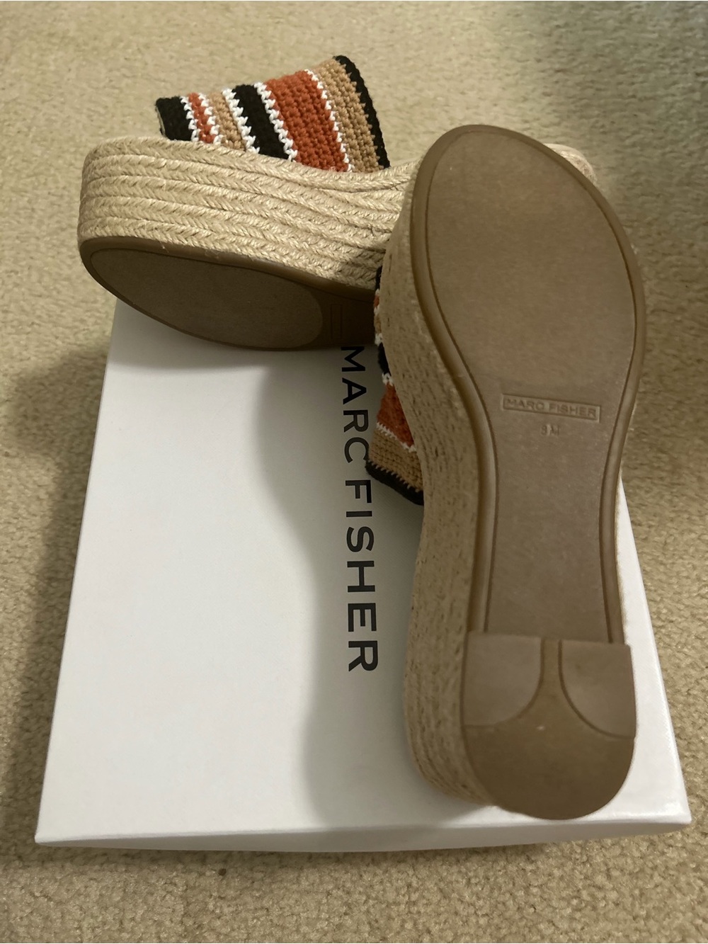 Marc Fisher Striped Espadrille Wedge Sandals in Brown, Black & Cream